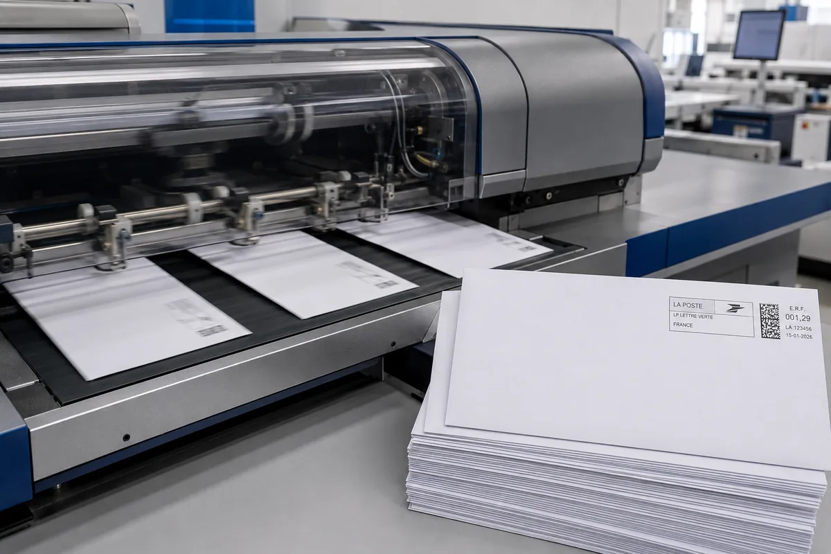 Enveloppes affranchies en sortie de machine avant dépôt en Poste