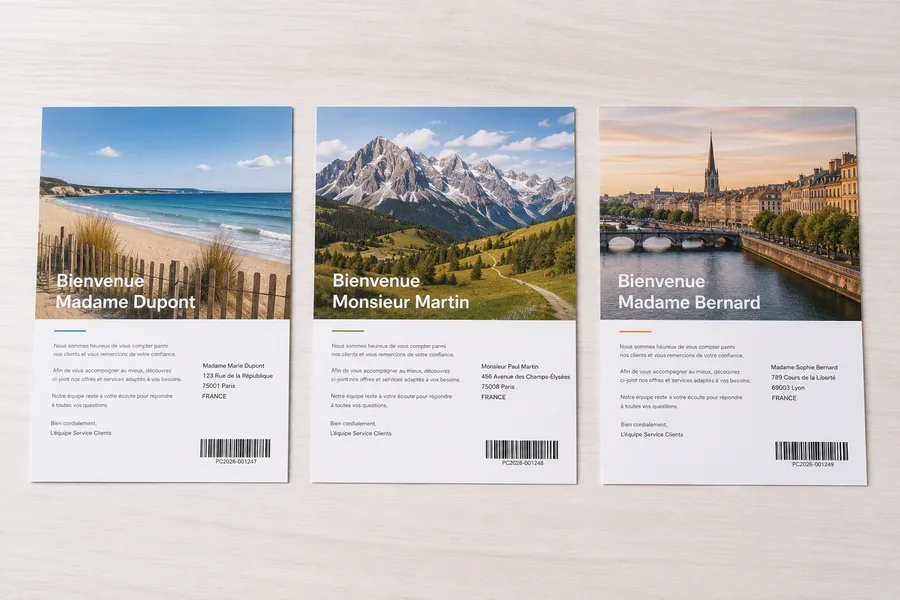 Cartes postales personnalisées au nom de chaque destinataire avec code-barres unique