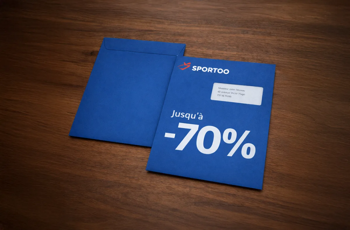 Pochette imprimée bleue avec logo en haut à gauche, fenêtre adresse et accroche promotionnelle en grands caractères