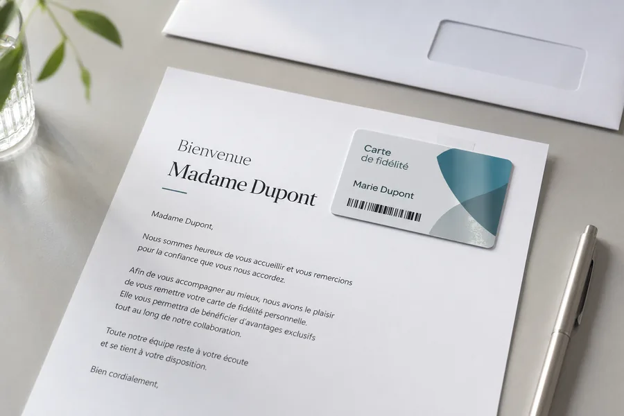 Lettre de bienvenue personnalisée avec une carte de fidélité nominative collée en haut à droite, enveloppe à fenêtre à côté