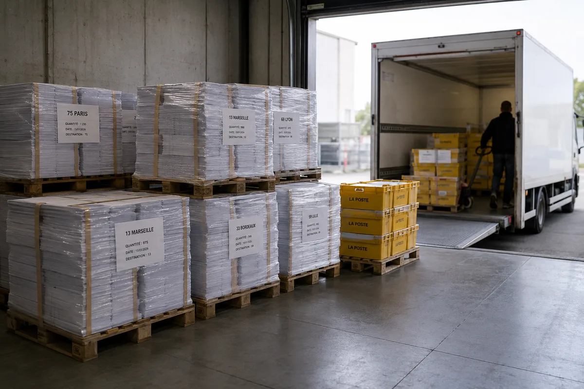 Palettes de courriers triés en attente de dépôt en plateforme La Poste