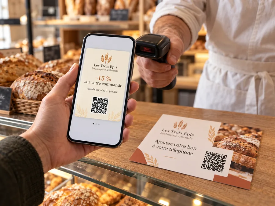 Client présentant un bon de réduction dans son téléphone à une boulangerie, scanné en caisse, carte de mailing posée sur le comptoir