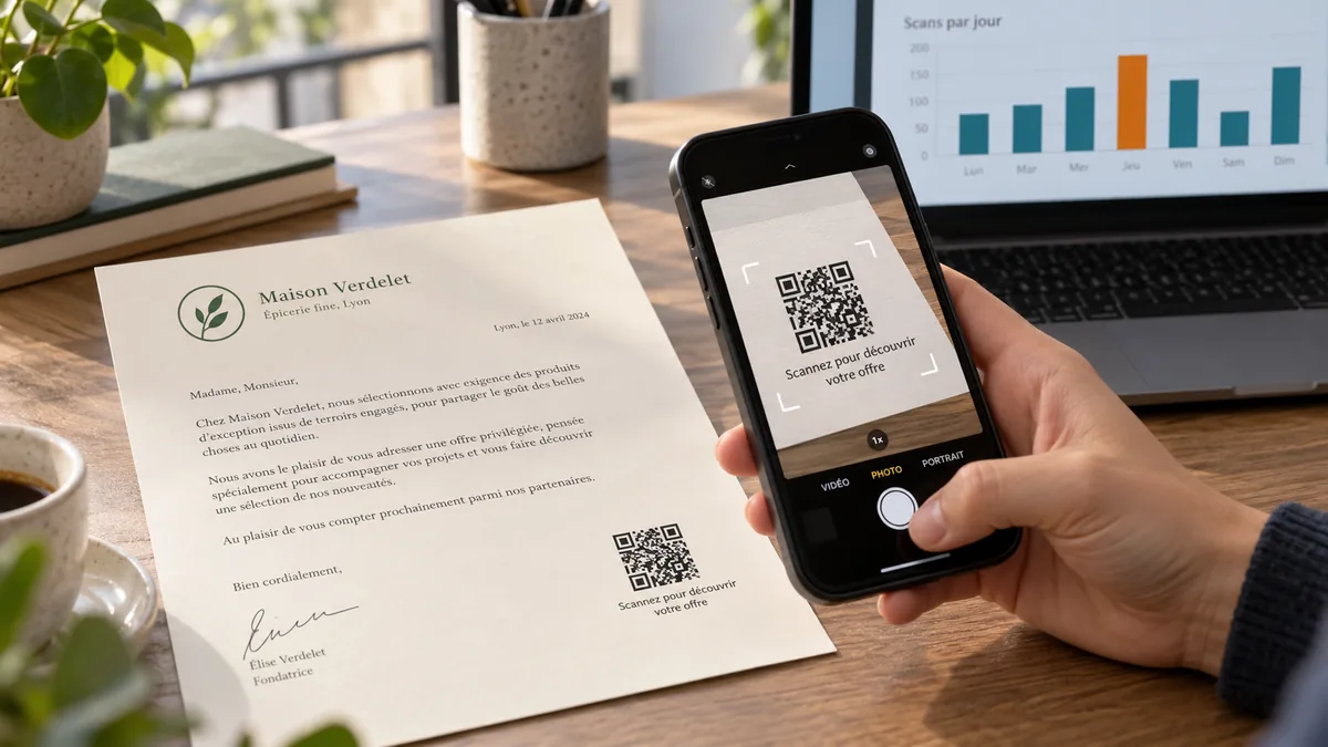 Lettre de mailing avec QR code scannée par un smartphone, tableau des scans affiché sur l'ordinateur