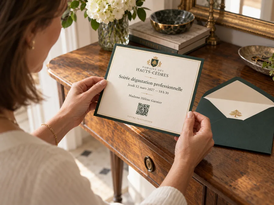 Invitée découvrant une invitation imprimée à une soirée dégustation, avec un QR code pour enregistrer son billet