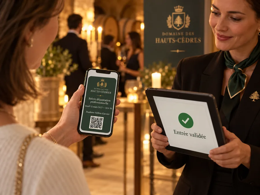 Invitée présentant son billet dans le téléphone à l'entrée de l'événement, contrôle validé sur tablette