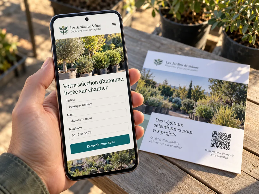 Smartphone affichant la page de réponse d'une pépinière avec un formulaire de devis prérempli, carte de mailing posée à côté