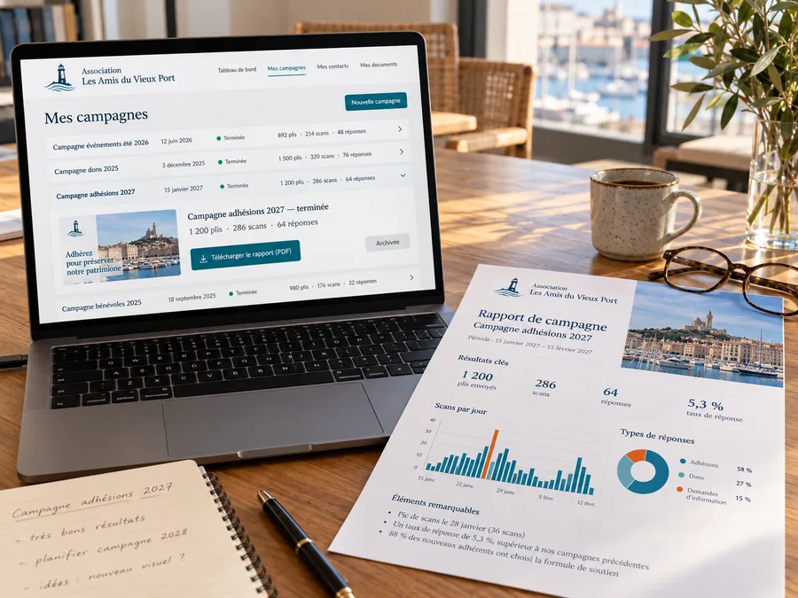 Espace client affichant la liste des campagnes archivées d'une association et le rapport de campagne imprimé