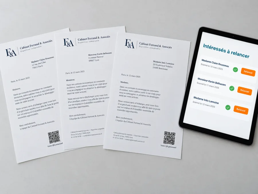 Trois lettres personnalisées avec un QR code unique par destinataire et une tablette affichant la liste des intéressés à relancer