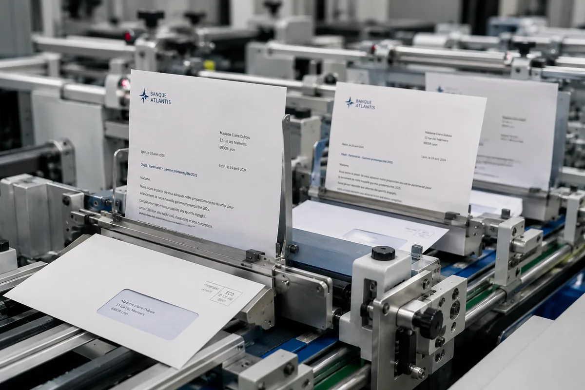 Lettres personnalisées insérées sous enveloppe à fenêtre sur une machine de mise sous pli