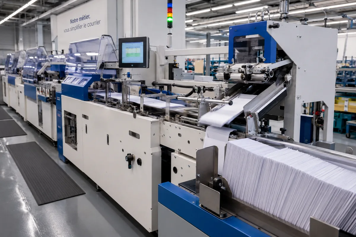 Machine de mise sous enveloppe en atelier de routage