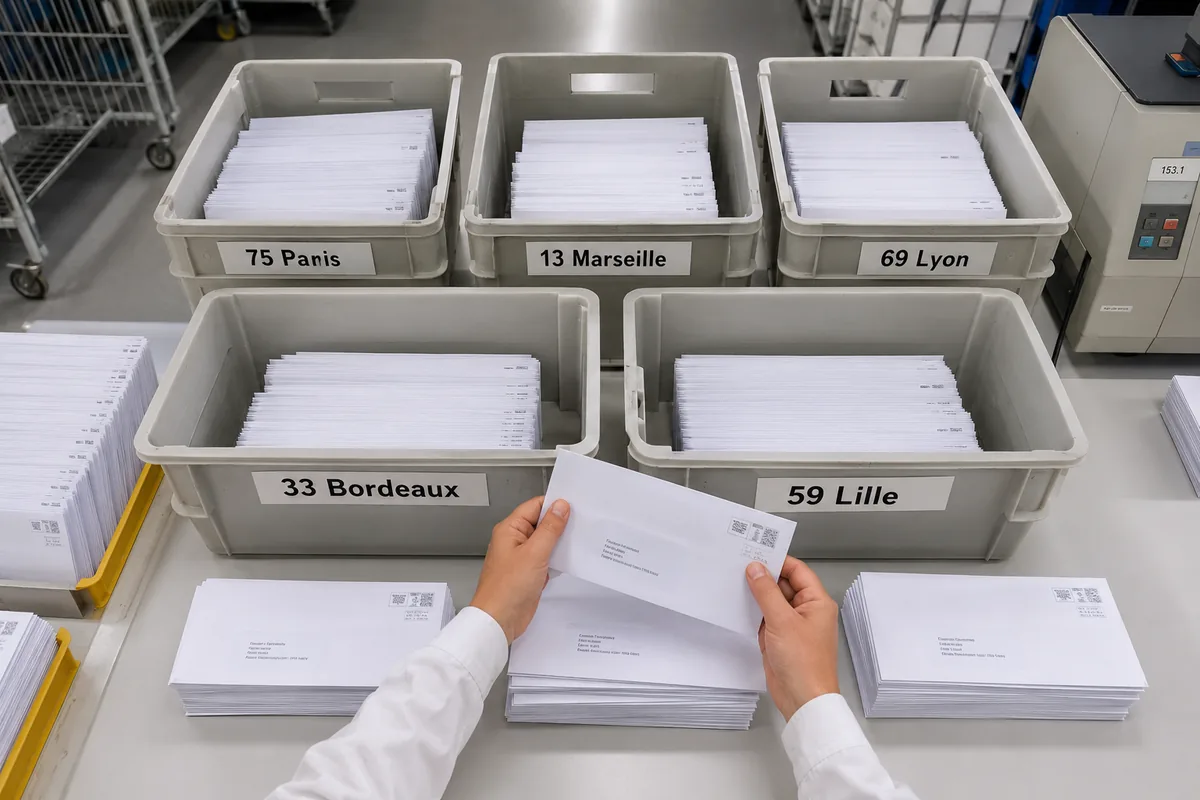 Lettres sous enveloppe triées dans des bacs par département, Paris, Marseille, Lyon, Bordeaux et Lille, avant le dépôt en Poste