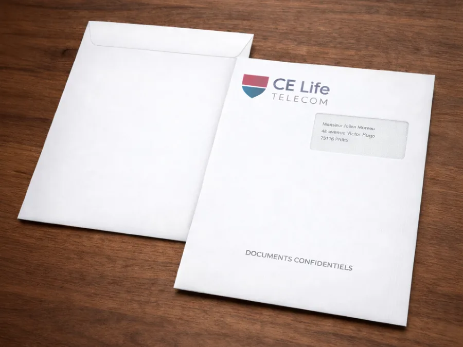 Pochette C4 blanche à fenêtre avec logo de l'expéditeur en haut à gauche et adresse du destinataire visible dans la fenêtre