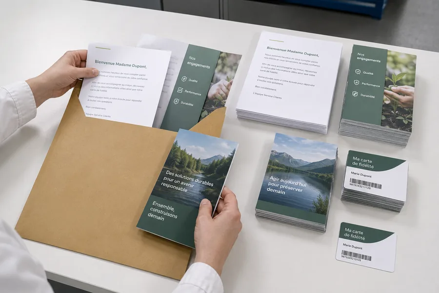 Pochette kraft garnie d'une lettre d'accueil, d'un dépliant et d'une carte de fidélité, préparée pour la mise sous pli