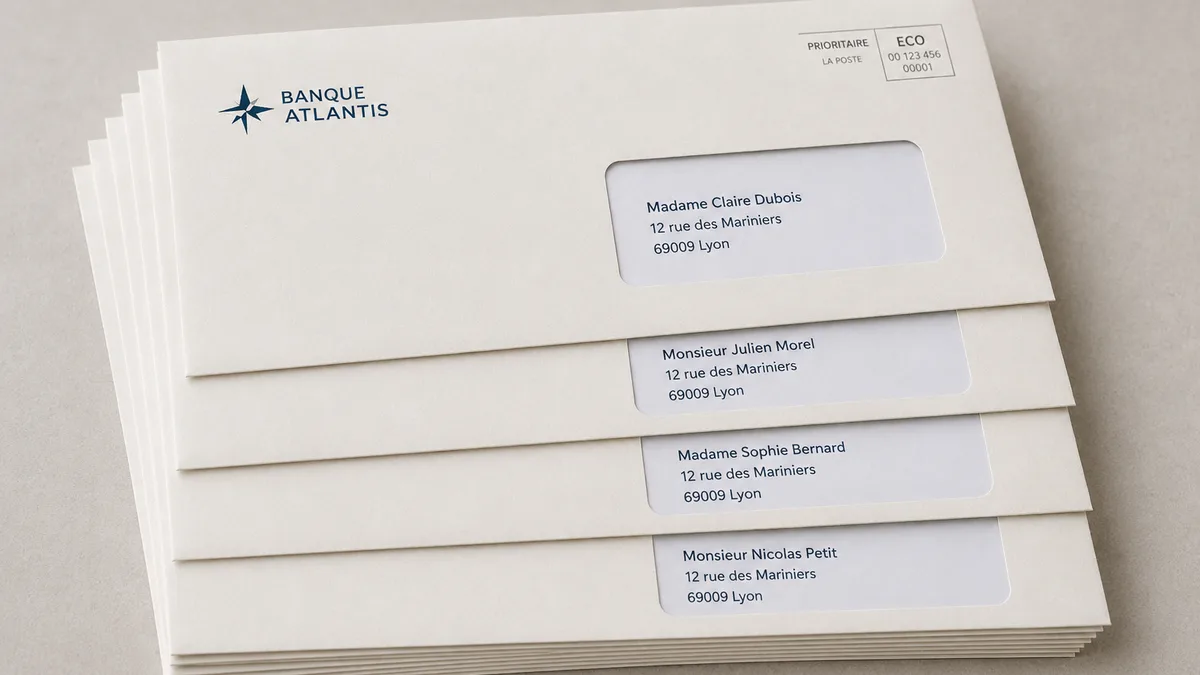 Enveloppes à fenêtre adressées à des destinataires nommés pour une campagne de prospection postale