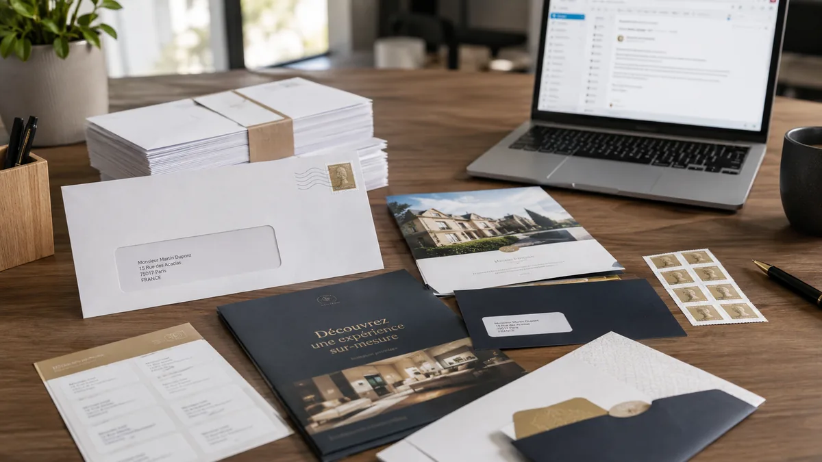 Supports d'une campagne de mailing conçue par une agence : lettre, dépliant, enveloppes